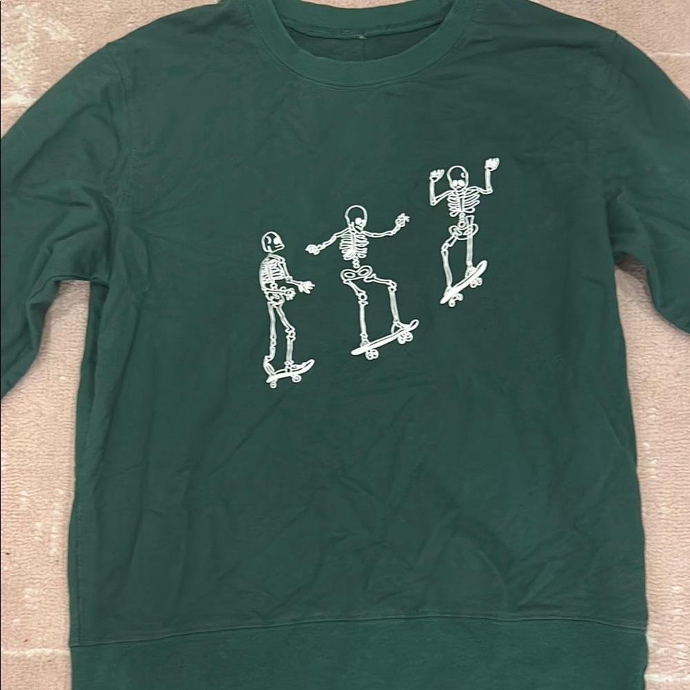 Green Sweatshirt with Skeleton Skateboard Print